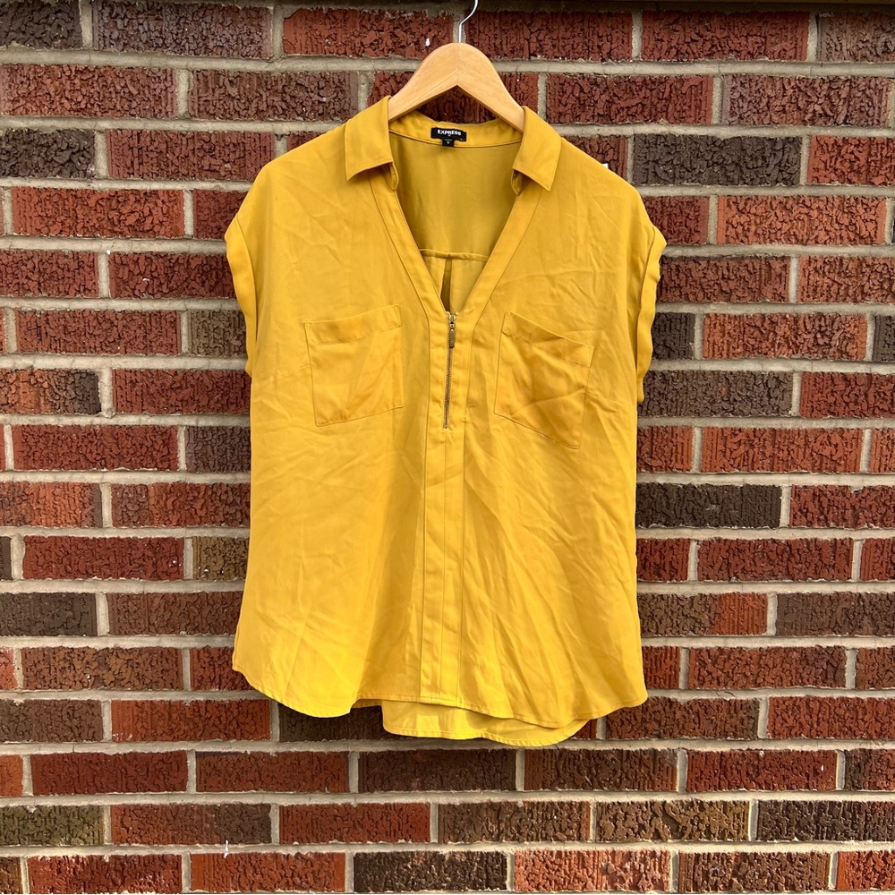 Express Mustard Yellow Collared Zip V Neck Short Sleeve Chiffon Blouse Top